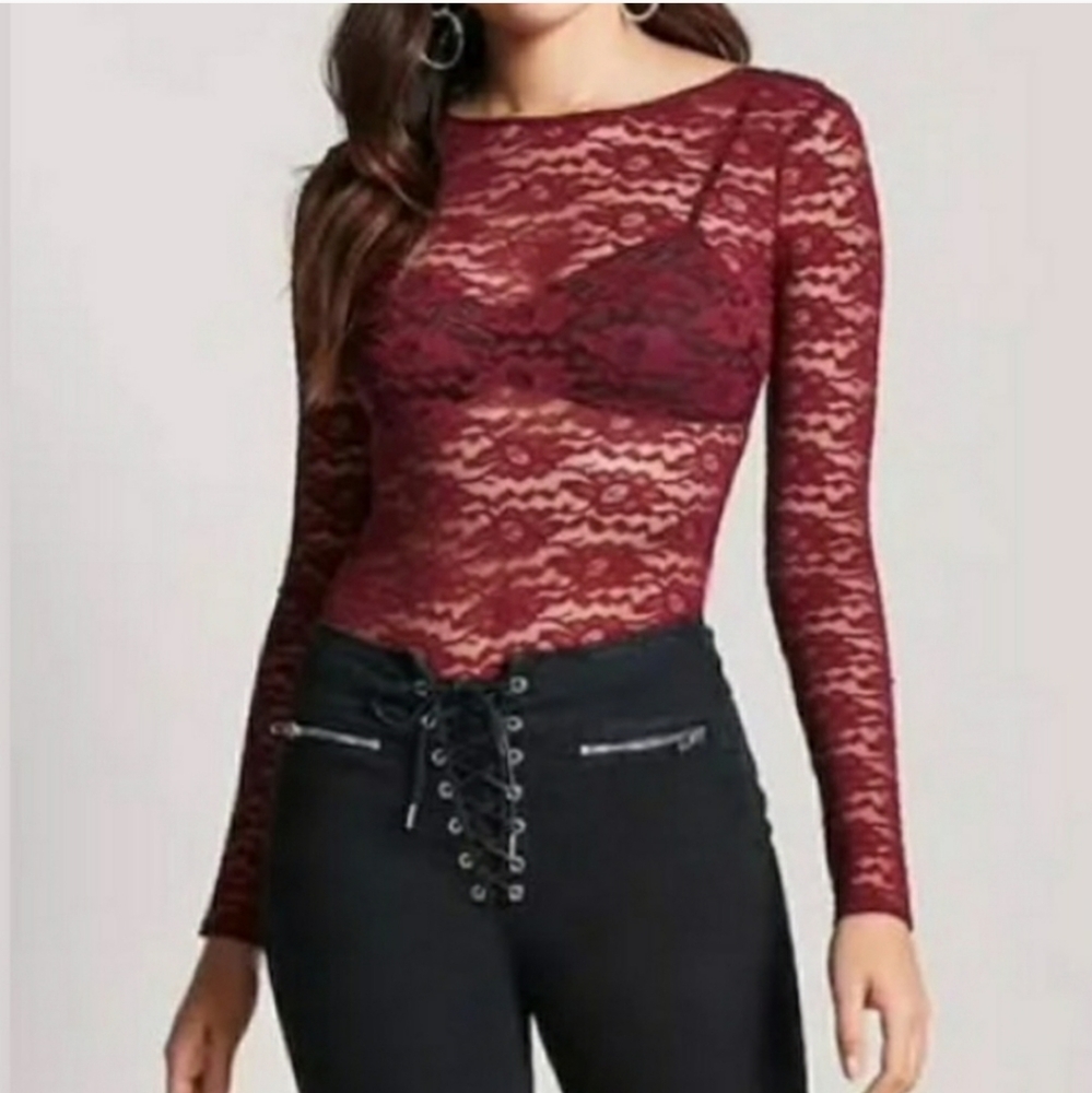 Sheer Lace Stretch Long Sleeve Shirt